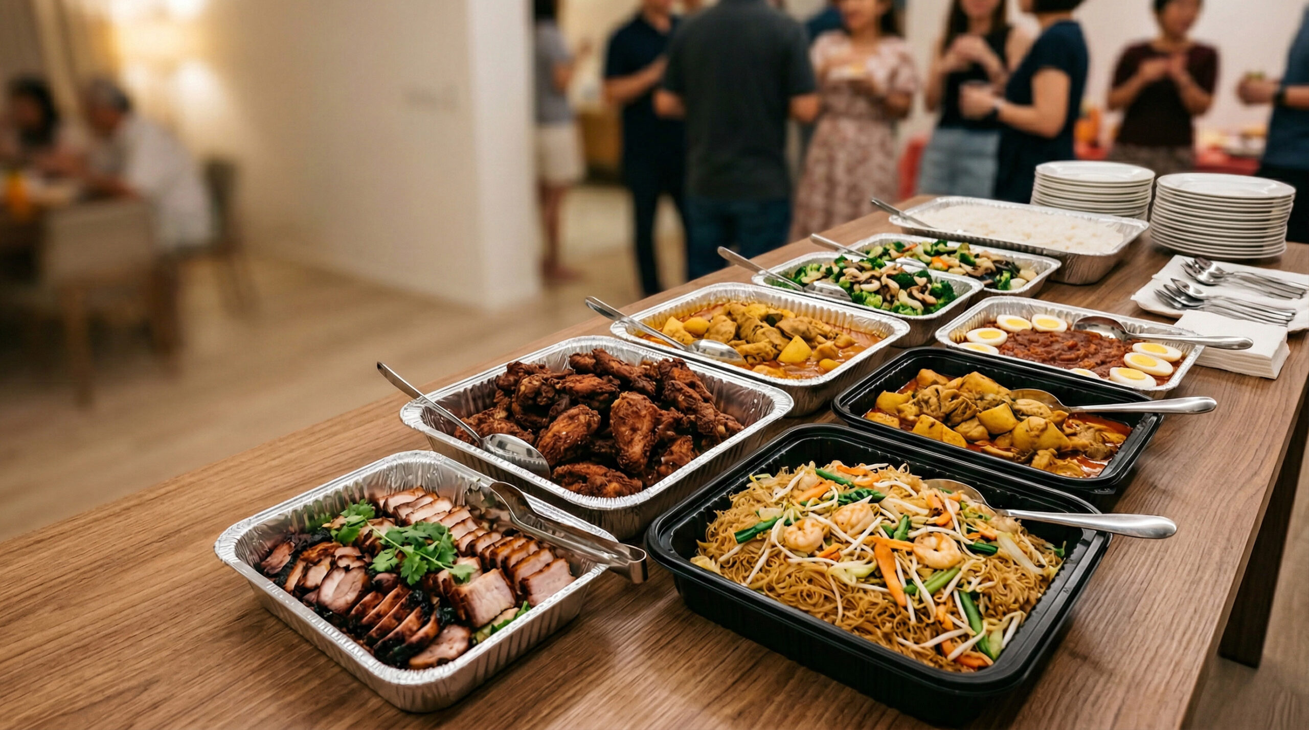 Singapore family BBQ gathering at a brick barbecue pit with grilled meats, satay, seafood and prepared food trays