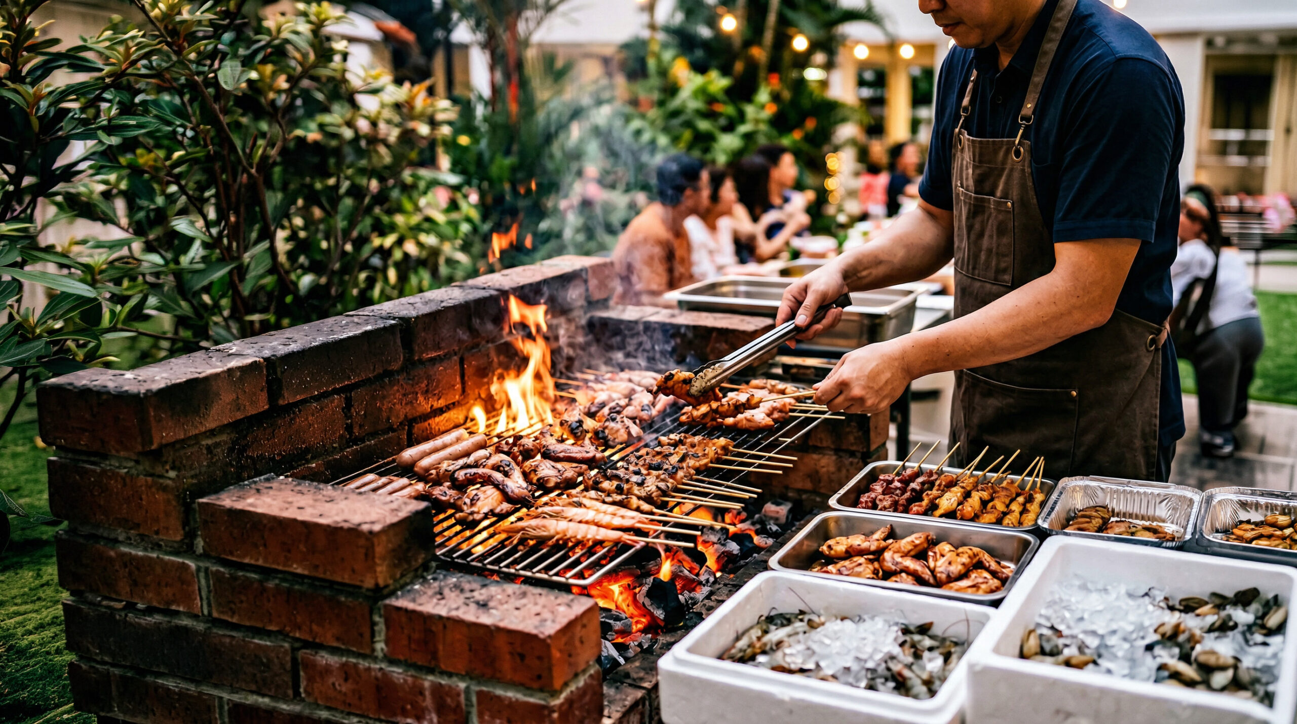 Singapore family BBQ gathering at a brick barbecue pit with grilled meats, satay, seafood and prepared food trays