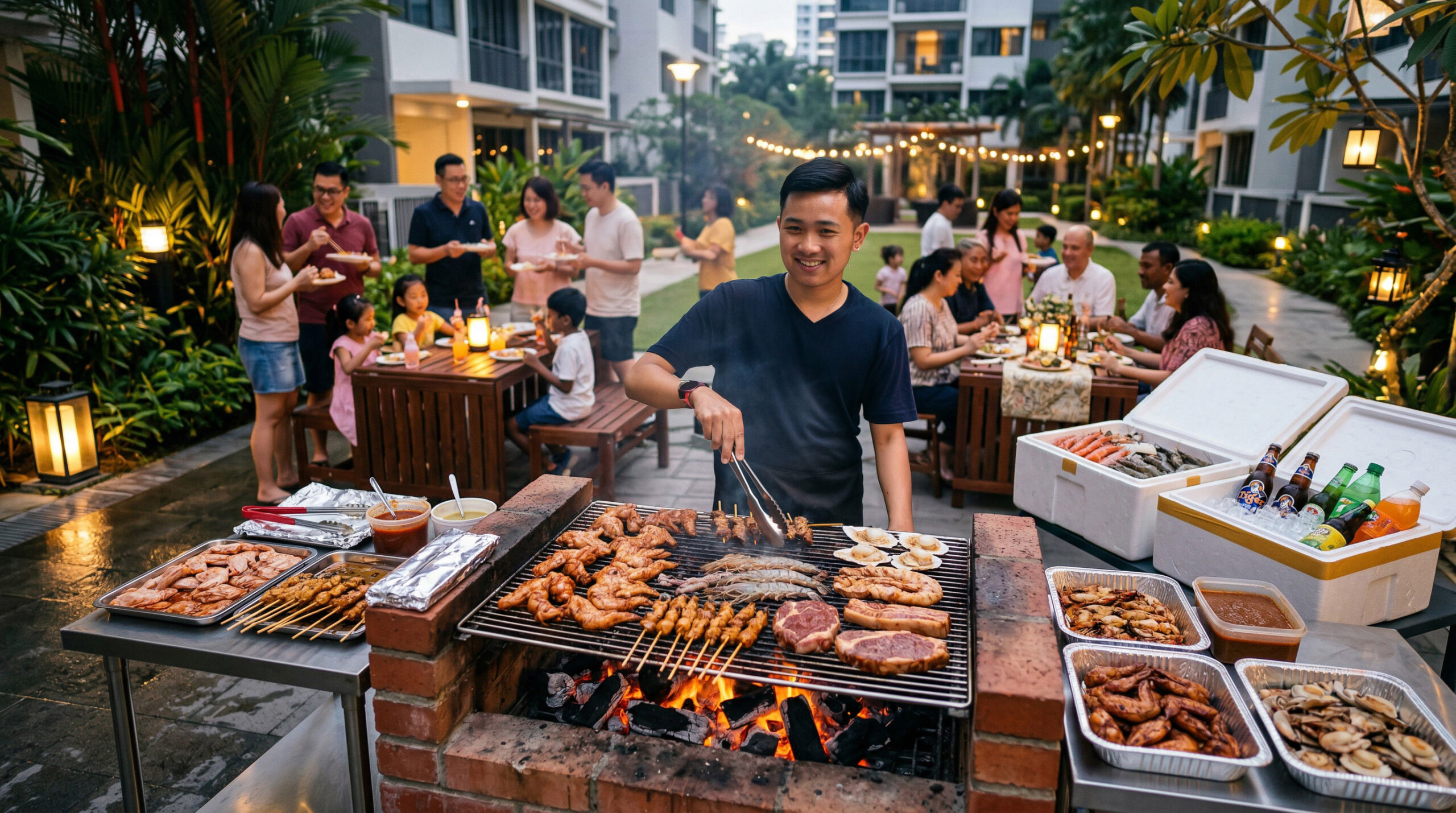 Singapore family BBQ gathering at a brick barbecue pit with grilled meats, satay, seafood and prepared food trays
