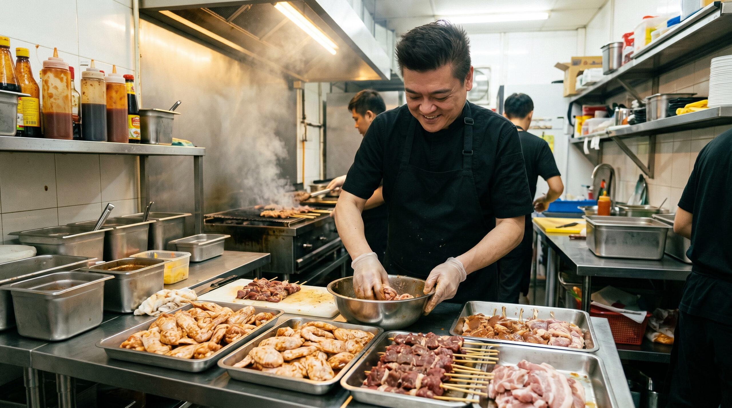Singapore family BBQ gathering at a brick barbecue pit with grilled meats, satay, seafood and prepared food trays