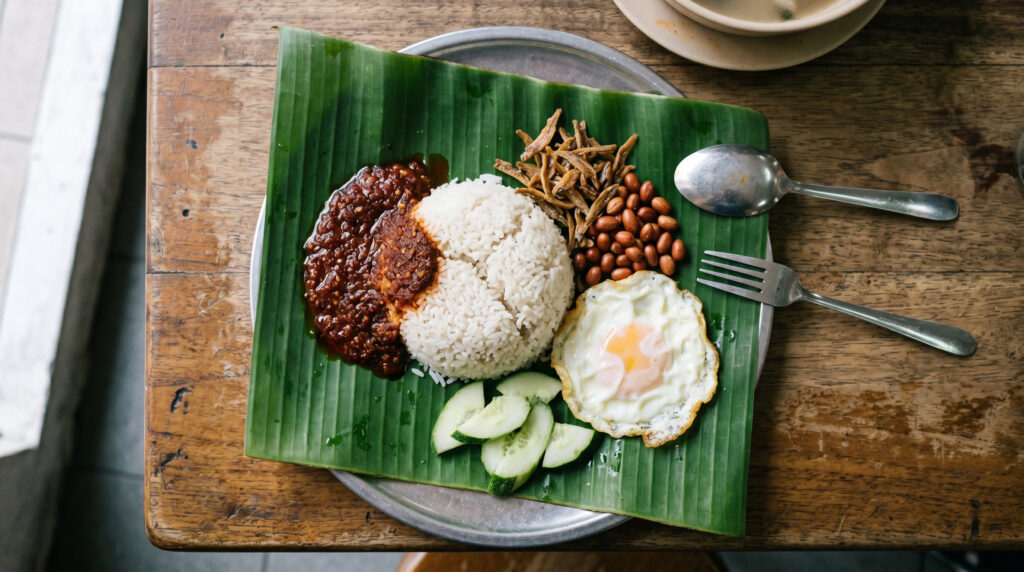 nasi lemak on banana leaf with sambal ikan bilis egg and peanuts Singapore style