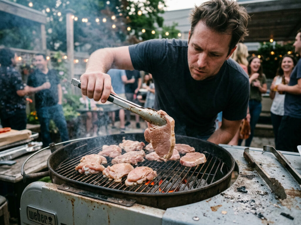 meat being flipped too often on BBQ grill without proper sear