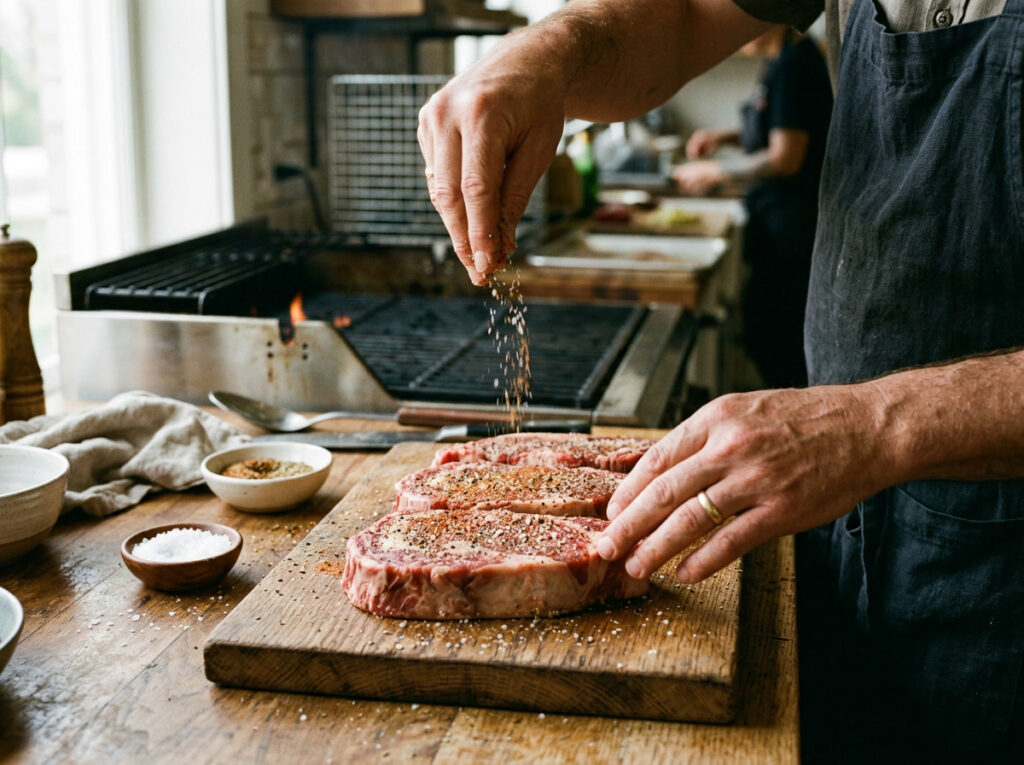 seasoning meat with salt and spices before BBQ