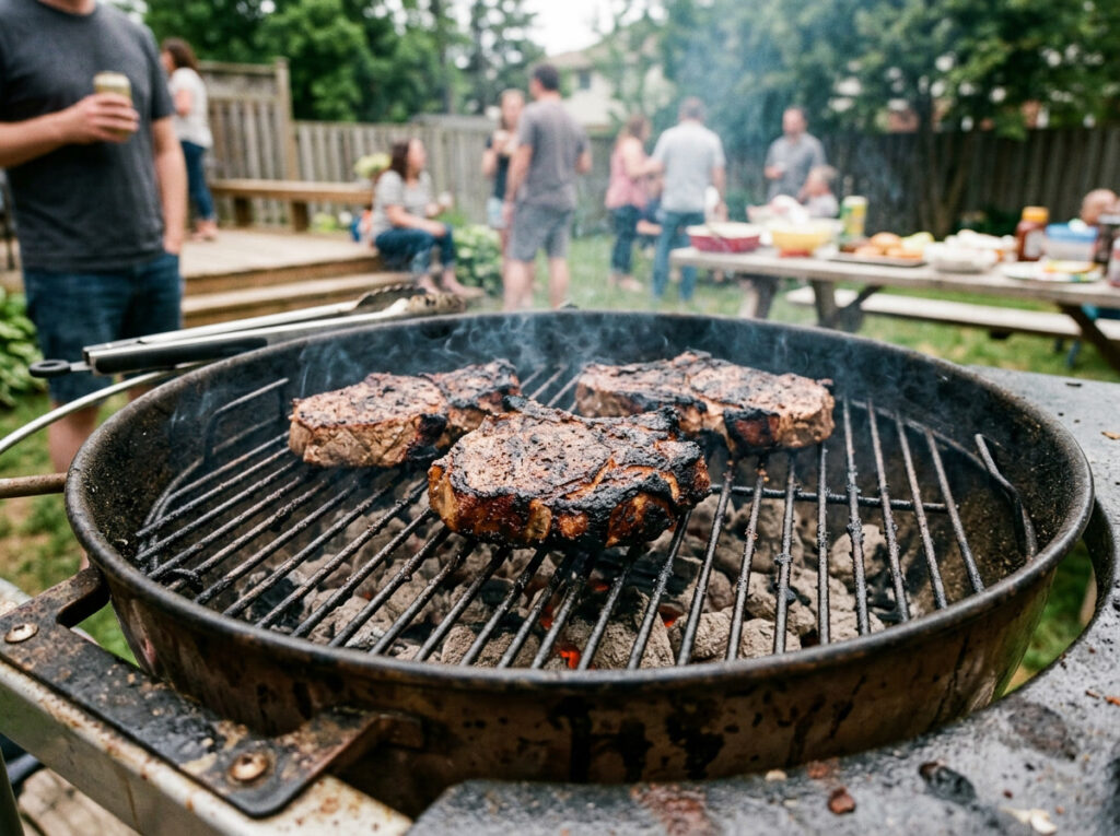 overcooked meat on BBQ grill looking dry and burnt