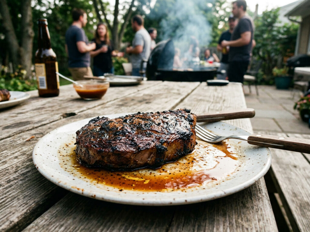 grilled meat resting on plate before cutting