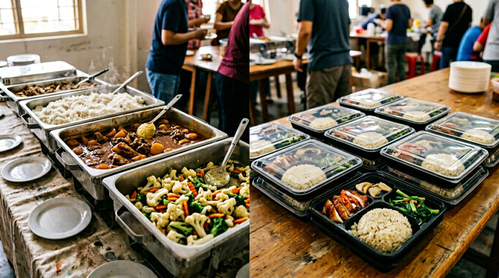 Alt Text: buffet trays and bento boxes catering comparison Singapore.