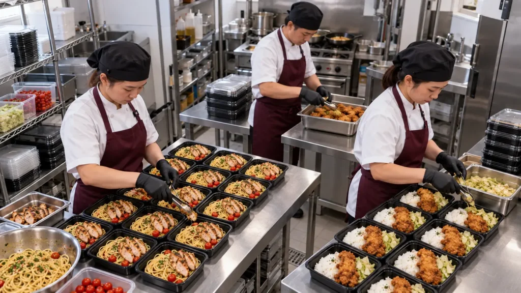 Three De’Vour kitchen staff packing 225 individual meals in black-base containers