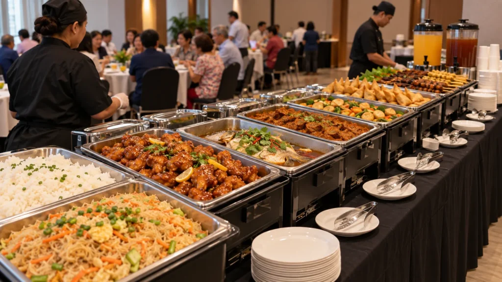 Complete Singapore buffet for 60 guests with noodles, rice, chicken, fish, vegetables, satay and drink canisters