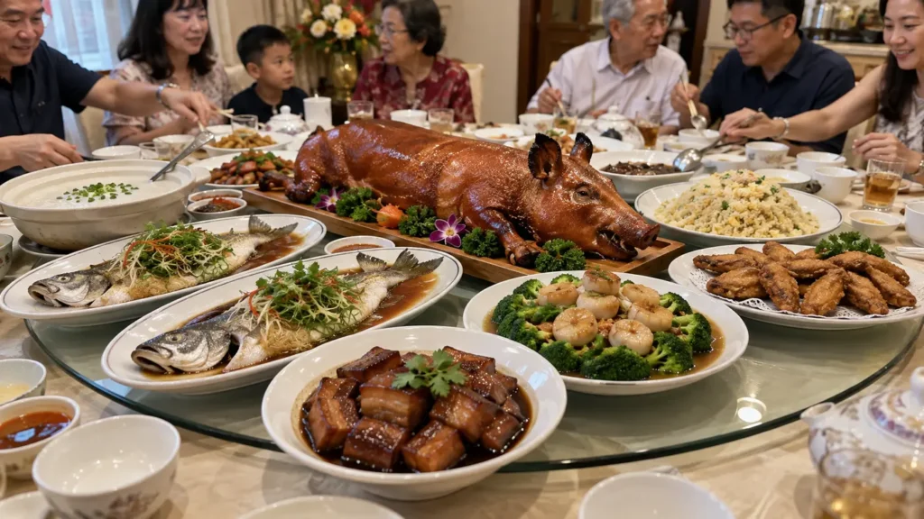 Family-style catering banquet for 30 with suckling pig steamed fish and shared dishes