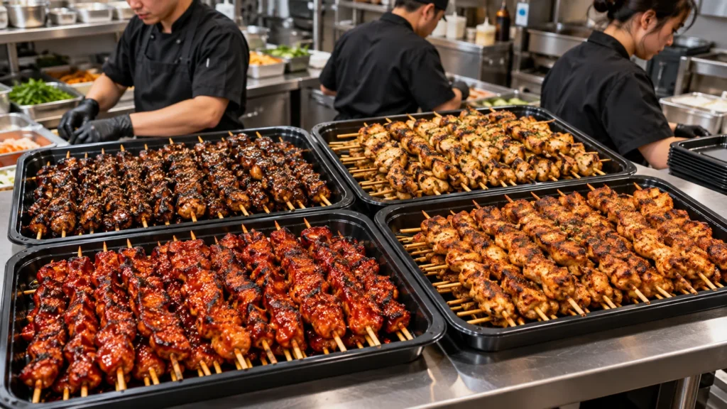 Four black catering trays containing spicy bulgogi, black pepper, smoky grill and Cajun chicken skewers
