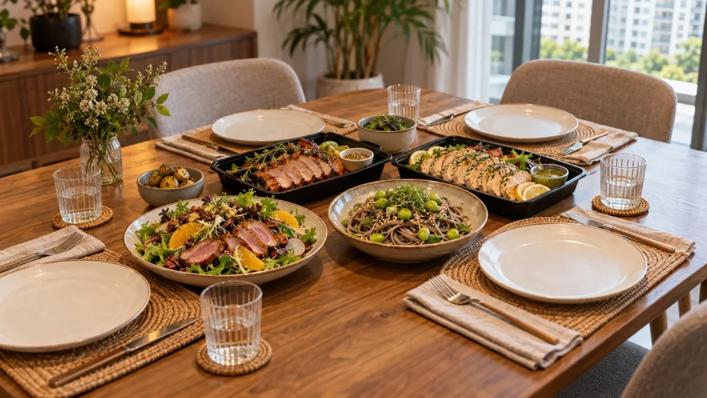 Intimate Singapore dining table for four with smoked duck salad, pork collar roast, cold soba and lemon-herb chicken