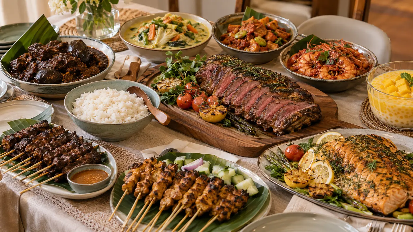Peranakan catering spread with Angus striploin roast salmon satay and local dishes