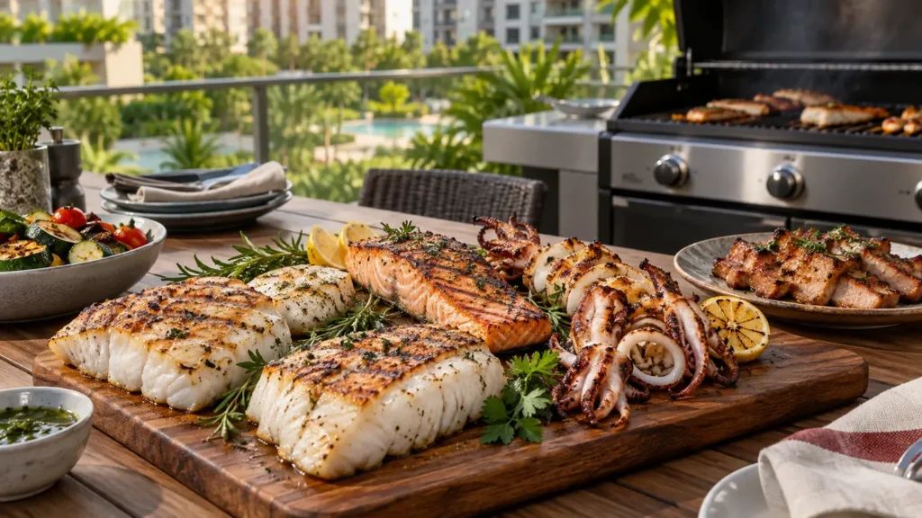 Seafood-first Singapore BBQ with cod, halibut, salmon, squid and pork jowl