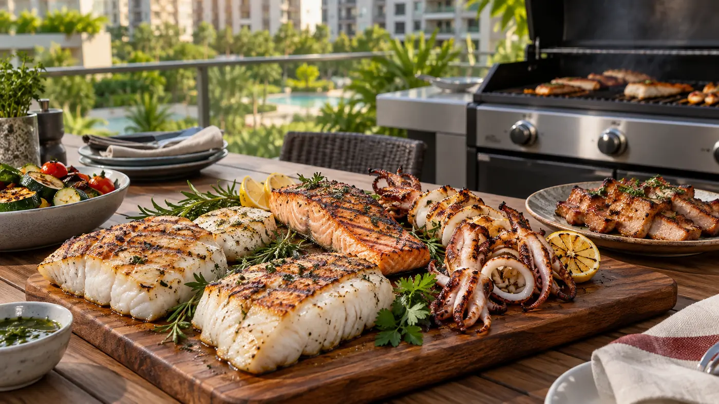 Seafood-first Singapore BBQ with cod, halibut, salmon, squid and pork jowl