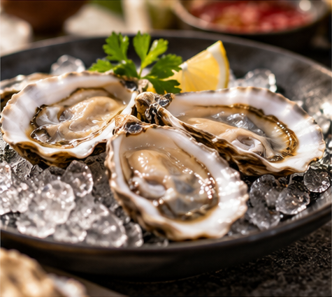 Fresh oysters on ice with lemon