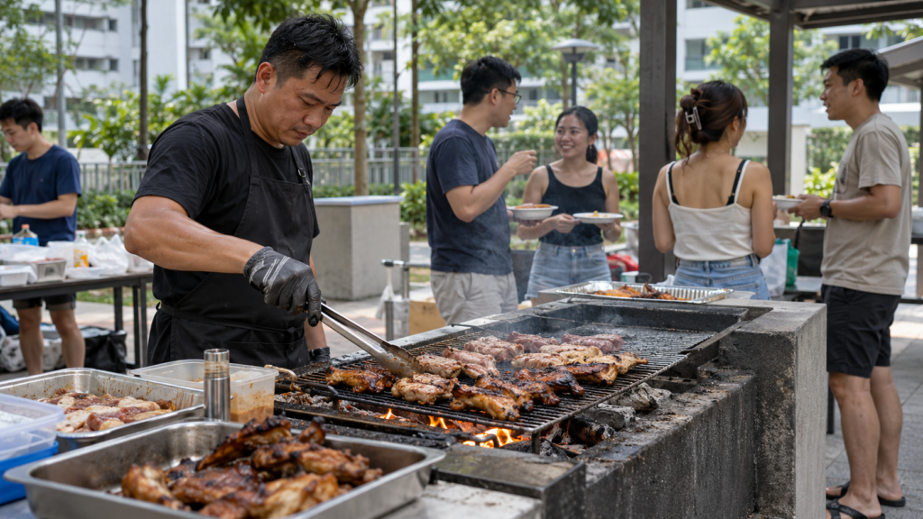 BBQ chef cooking on a condominium barbecue grill while Singapore guests chat nearby
