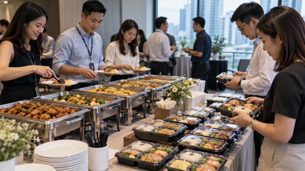 Office guests choosing between a shared buffet line and individually packed bento meals