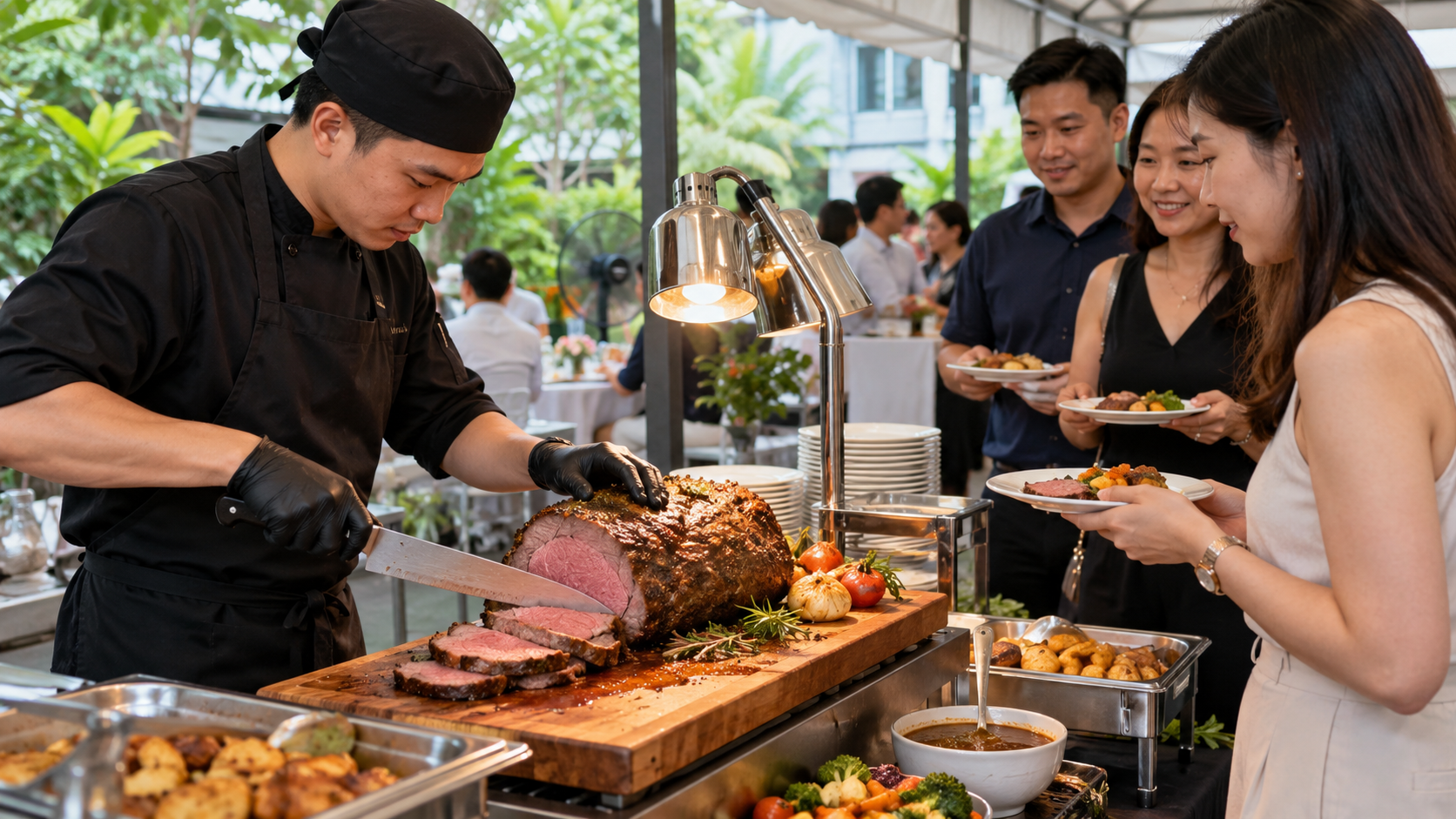 Chef carving roast beef at a live carving station while Singapore event guests watch
