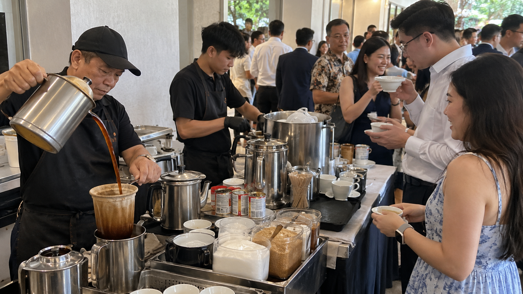 Kopi and teh drinks being freshly prepared at a live local coffee and tea bar for Singapore event guests