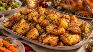 Crispy golden smashed roast potatoes with herbs on a Singapore Christmas feast table