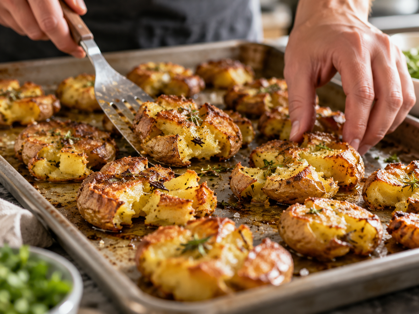 Cook lifting crispy herb-roasted smashed potatoes from an oven tray