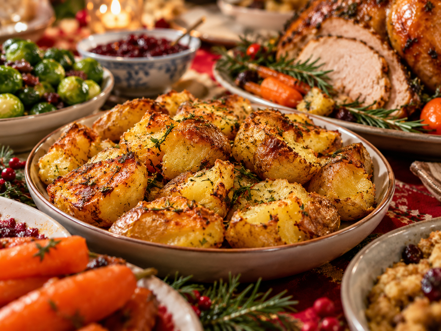 Festive platter of golden smashed potatoes alongside carved roast meat and vegetables