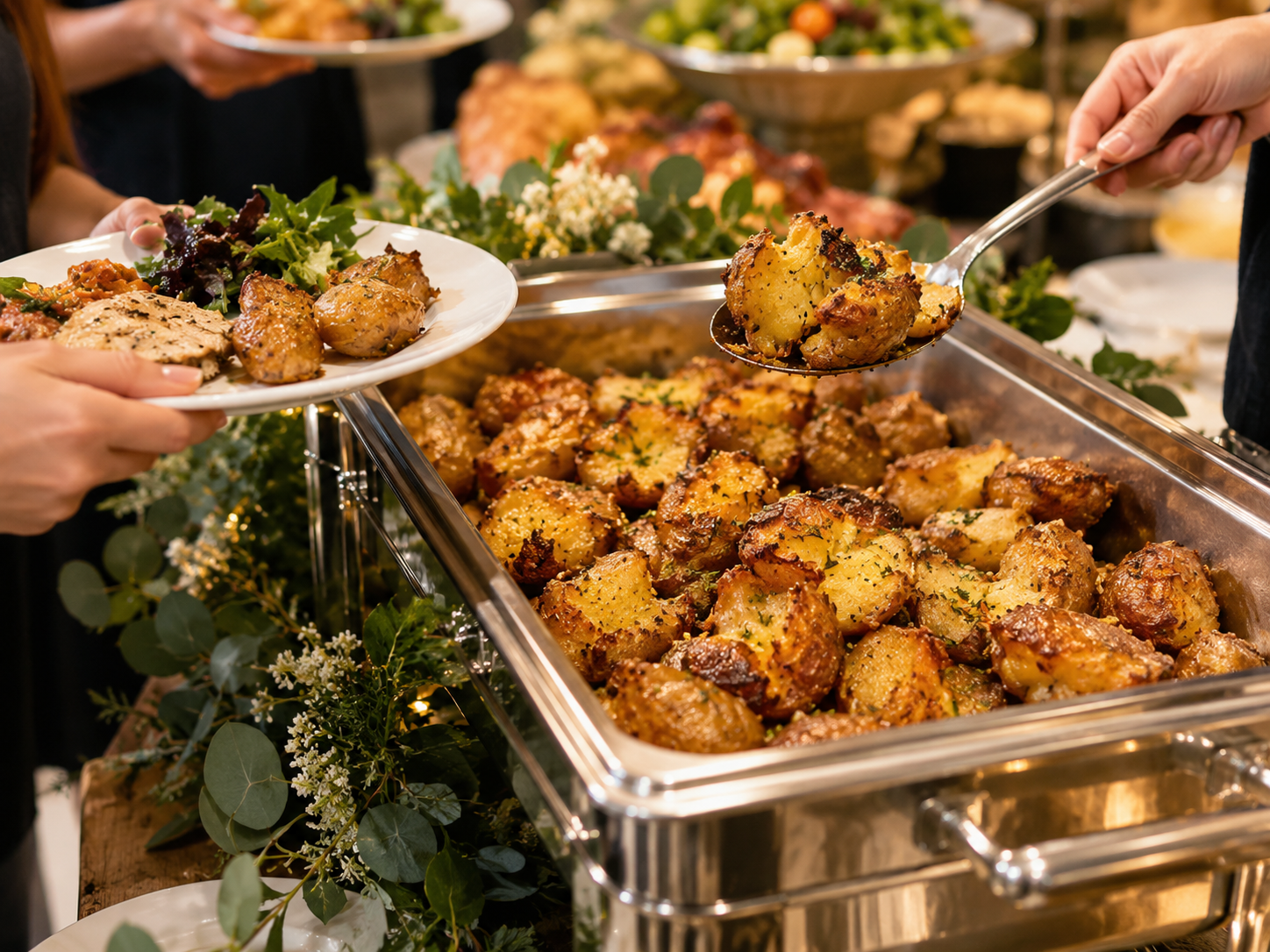Guests serving crisp smashed roast potatoes from a catering buffet tray