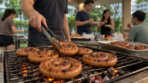 Coiled chicken snail sausages grilling over charcoal at a Singapore outdoor barbecue