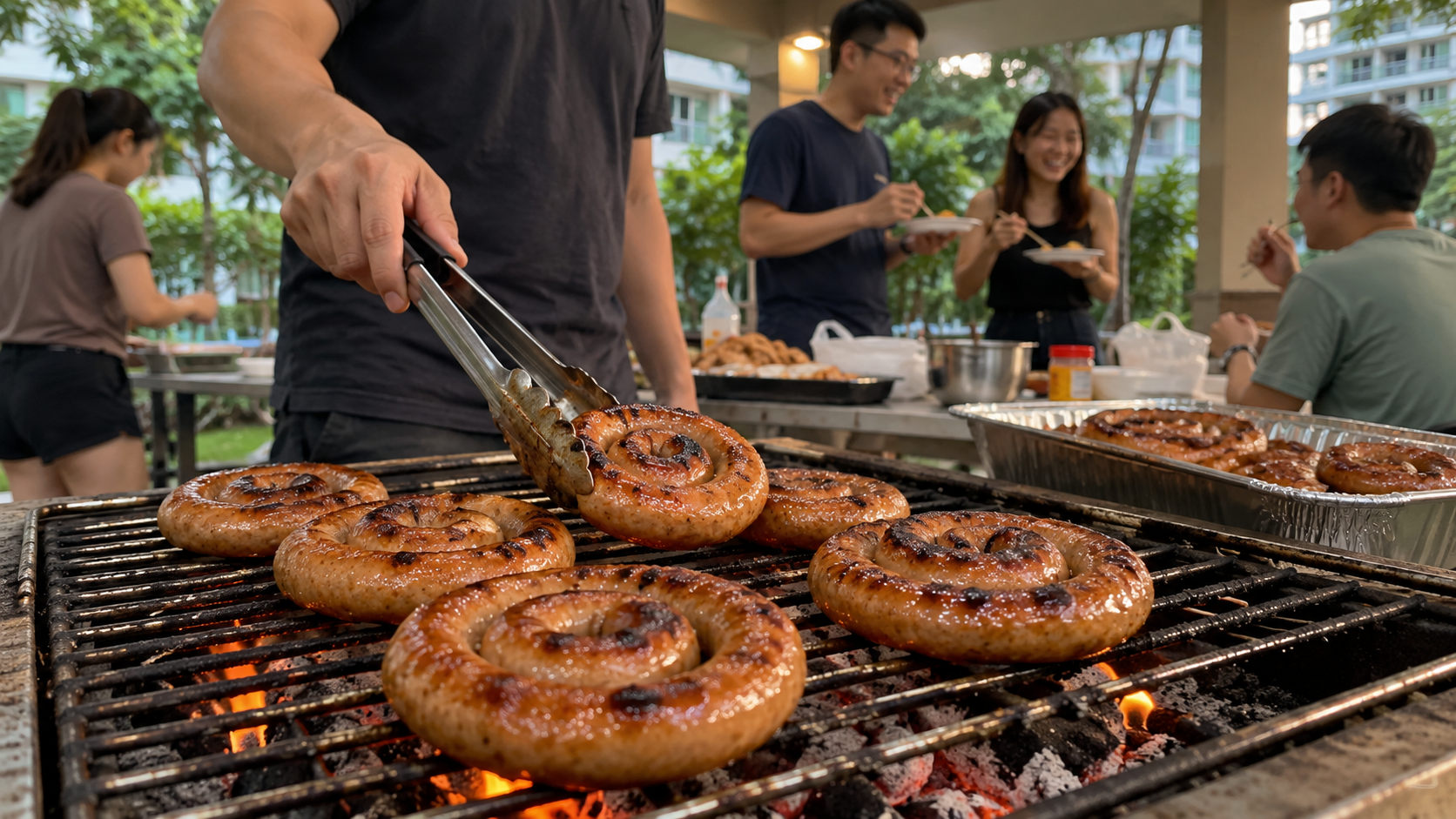 Coiled chicken snail sausages grilling over charcoal at a Singapore outdoor barbecue