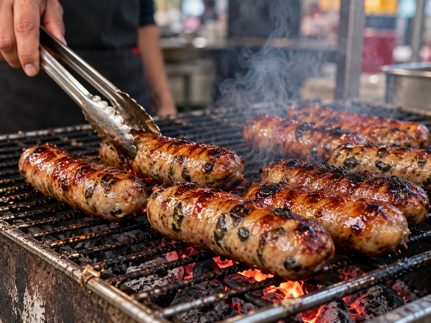 Close-up of chicken sausages browning over a hot charcoal barbecue grill