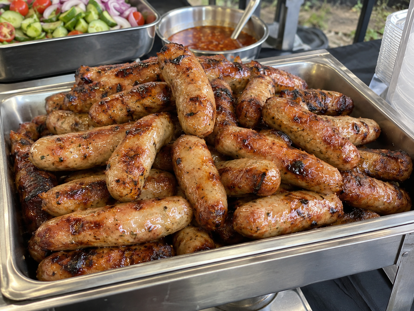 Cooked grilled chicken sausages arranged in a stainless steel buffet tray with salads behind