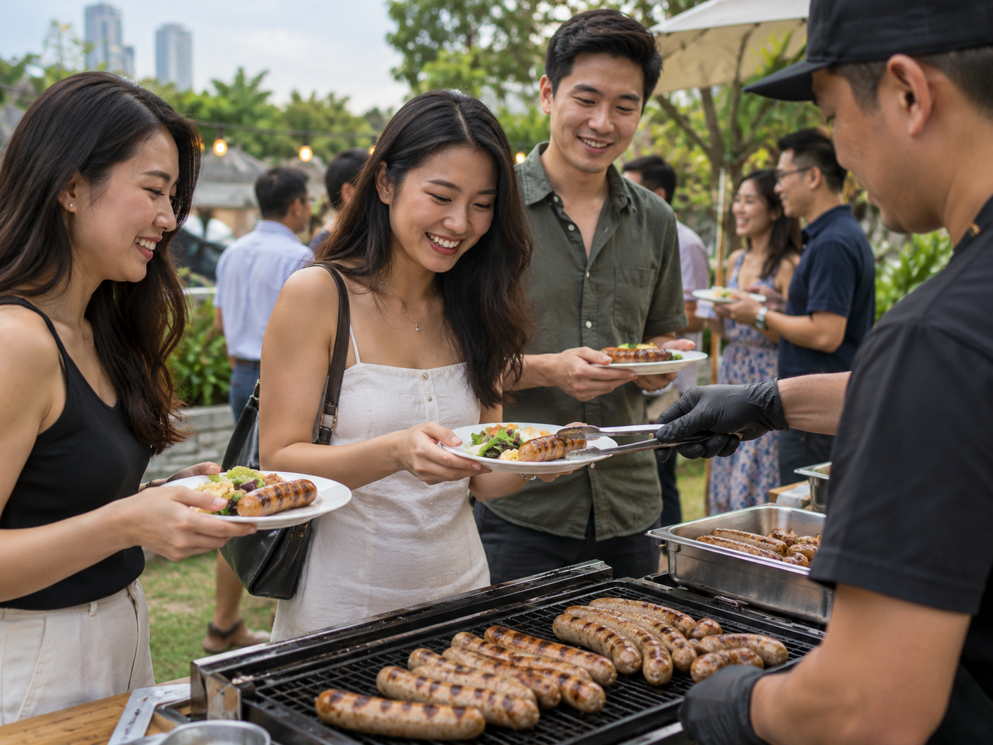 Barbecue cook serving chicken sausages to guests at an outdoor Singapore gathering