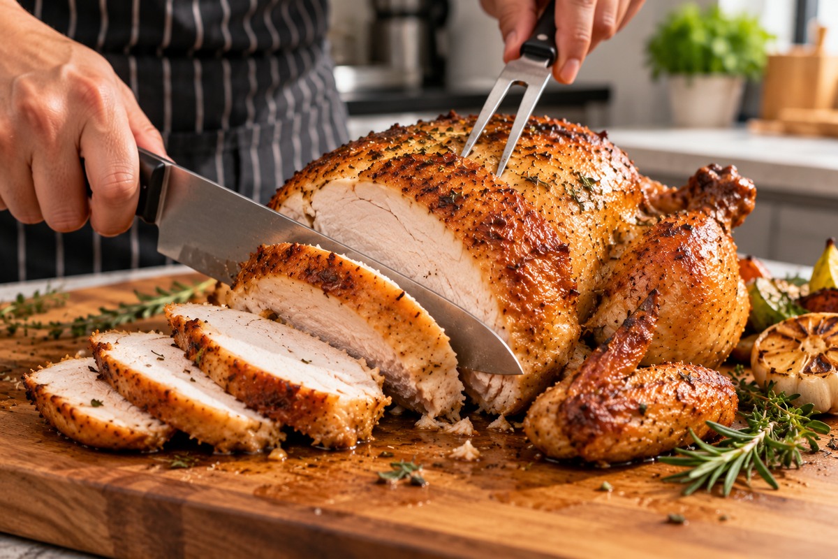 carving roast chicken skin