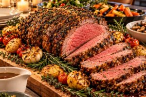 Roast beef with gravy served separately