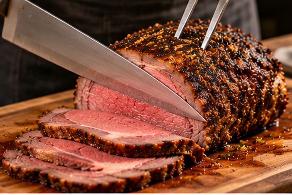 Carving ribeye roast with a knife