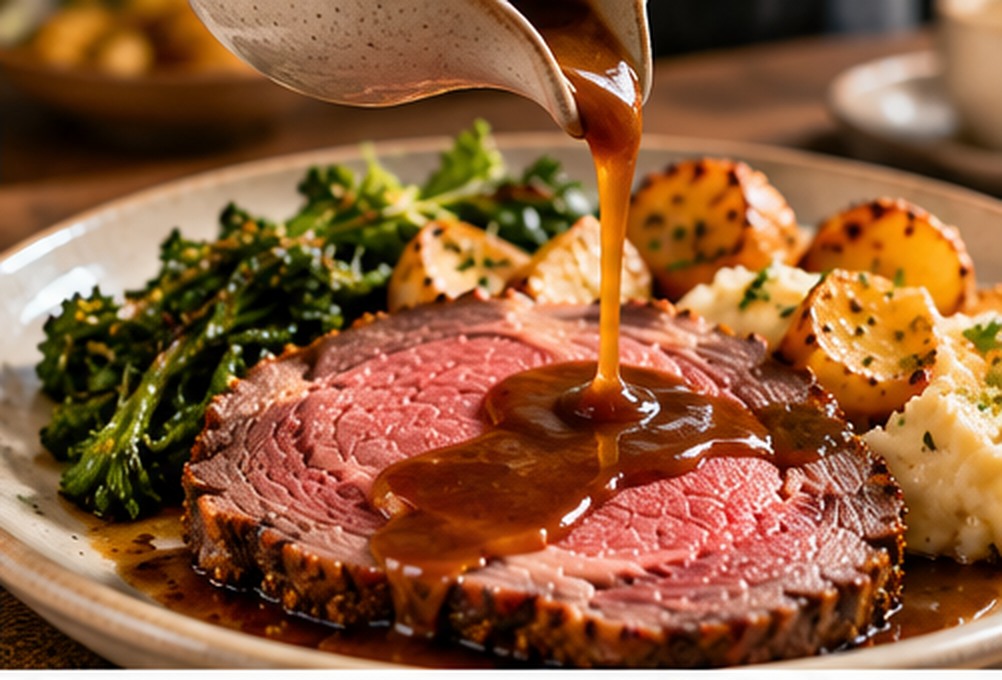 Ribeye roast plated with gravy
