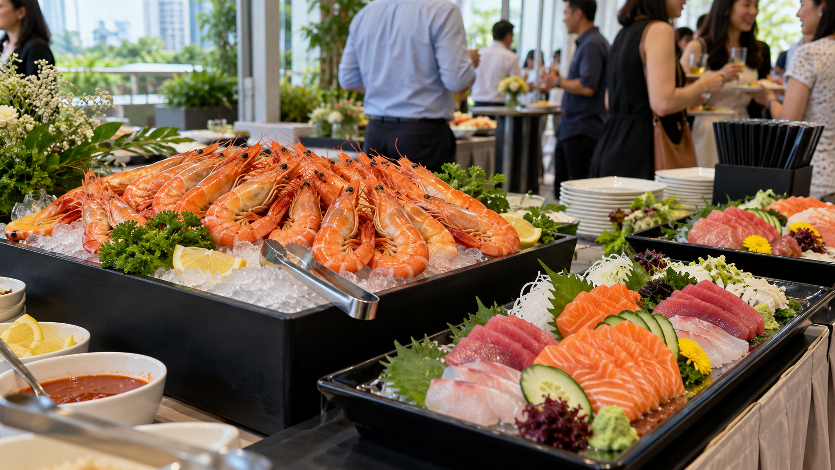 Cooked chilled prawns on ice alongside salmon and tuna sashimi at a Singapore event seafood station