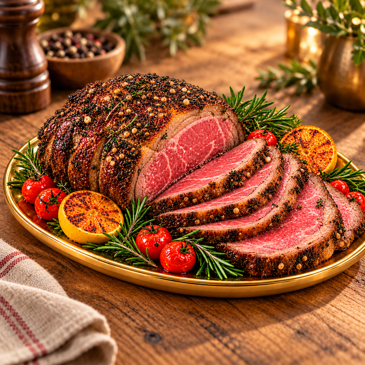 Pepper-crusted roast beef sliced onto a gold platter with rosemary and grilled citrus
