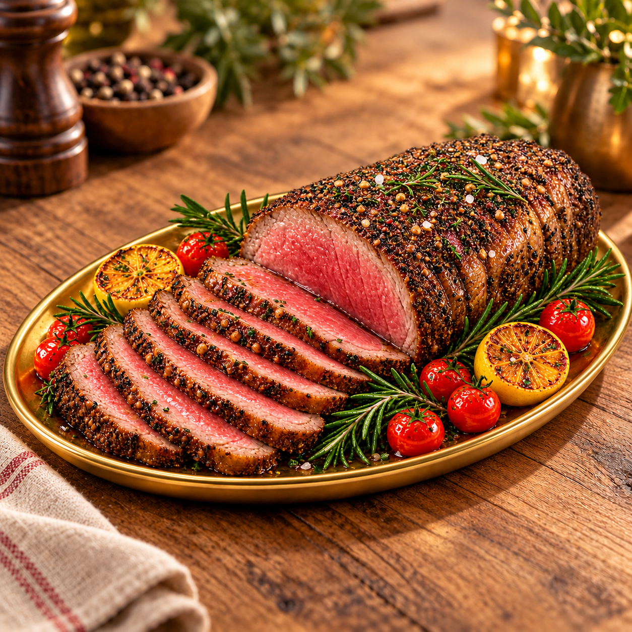 Roast beef carved into even rosy slices with a browned pepper-herb crust, served with grilled citrus and tomatoes