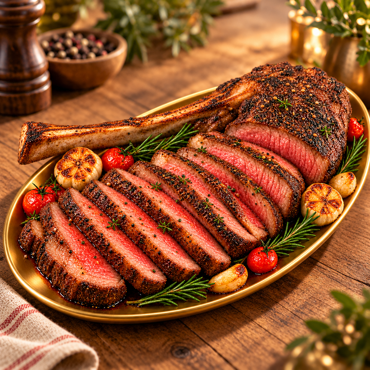 Bone-in tomahawk roast with sliced pink-centred beef on a golden platter and wooden dining table