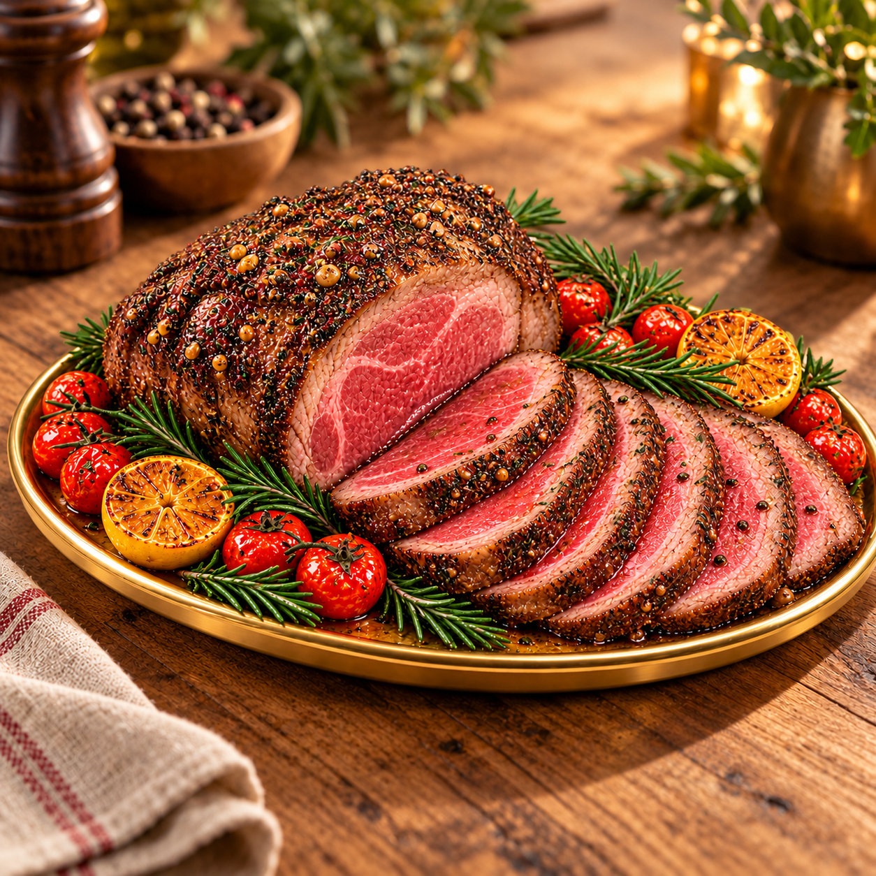 Richly marbled beef roast sliced on a gold platter with rosemary and roasted vegetables