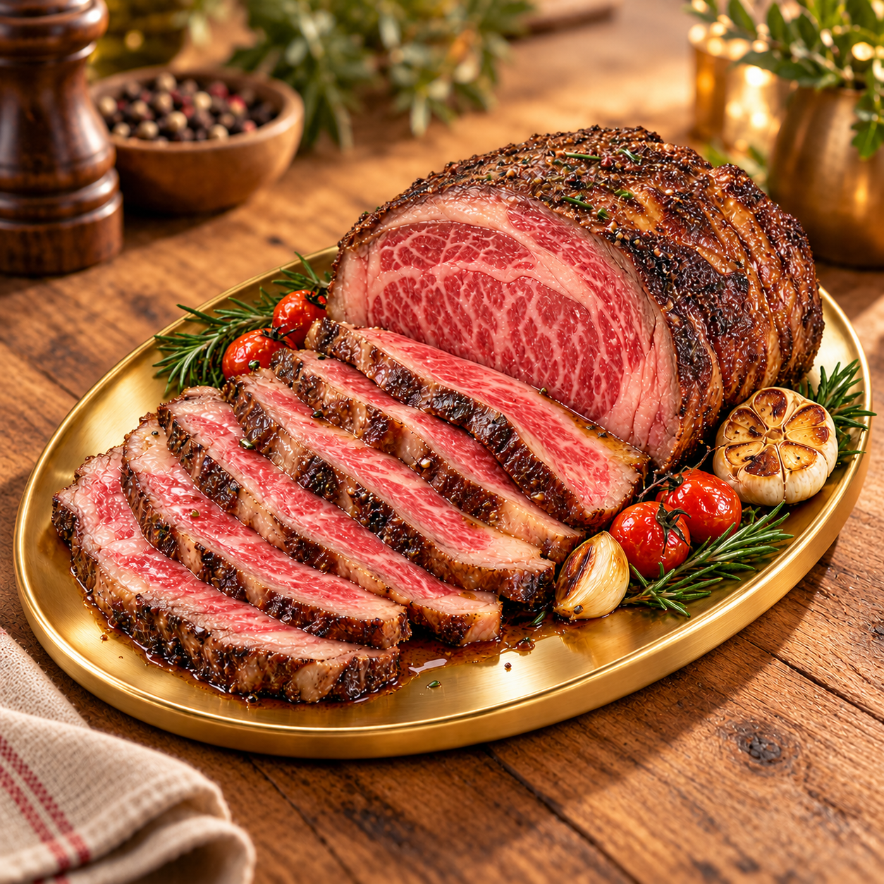 Sliced premium roast beef with herb crust served on a gold platter with roasted tomatoes and rosemary