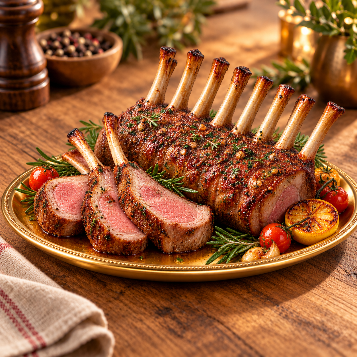 Roasted rack of lamb and cut lamb chops arranged on a gold platter with herbs and grilled citrus