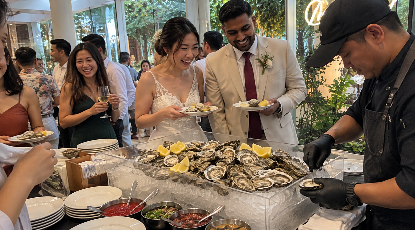 Wedding guests enjoying an oyster bar in Singapore