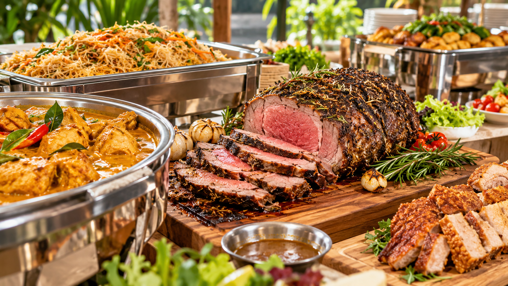 Illustrative Singapore buffet spread with roast beef chicken curry and fried bee hoon