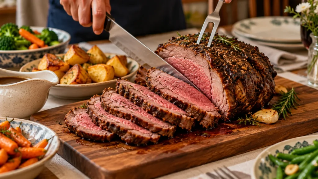 Beef roast being carved at a Singapore family dinner with potatoes and vegetables