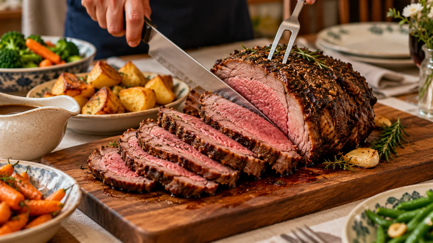 Beef roast being carved at a Singapore family dinner with potatoes and vegetables