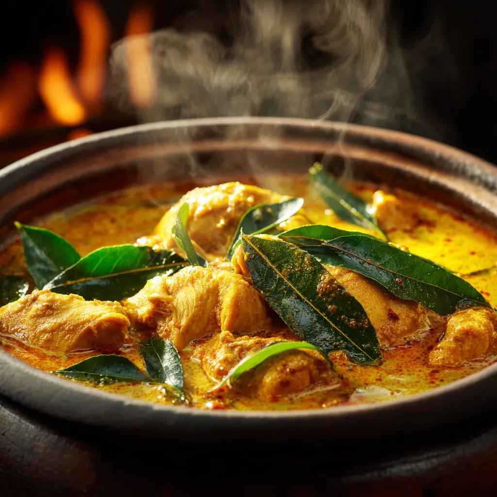 Chicken curry with spices and curry leaves
