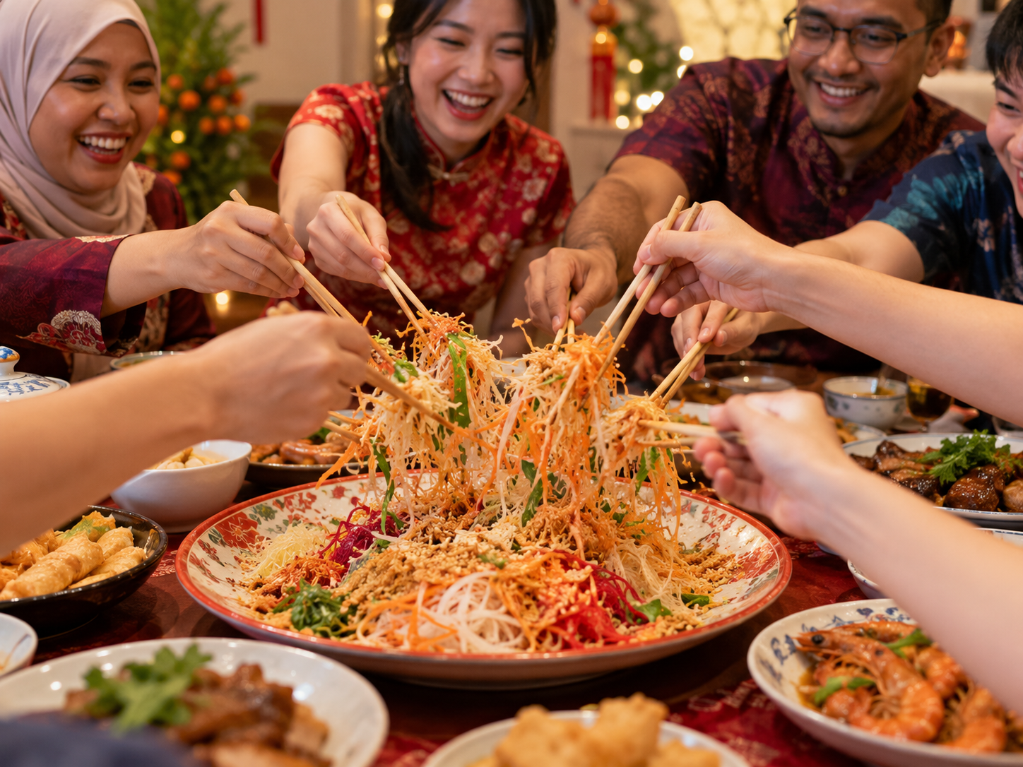 Friends from different backgrounds enjoying a shared yu sheng toss at a festive gathering
