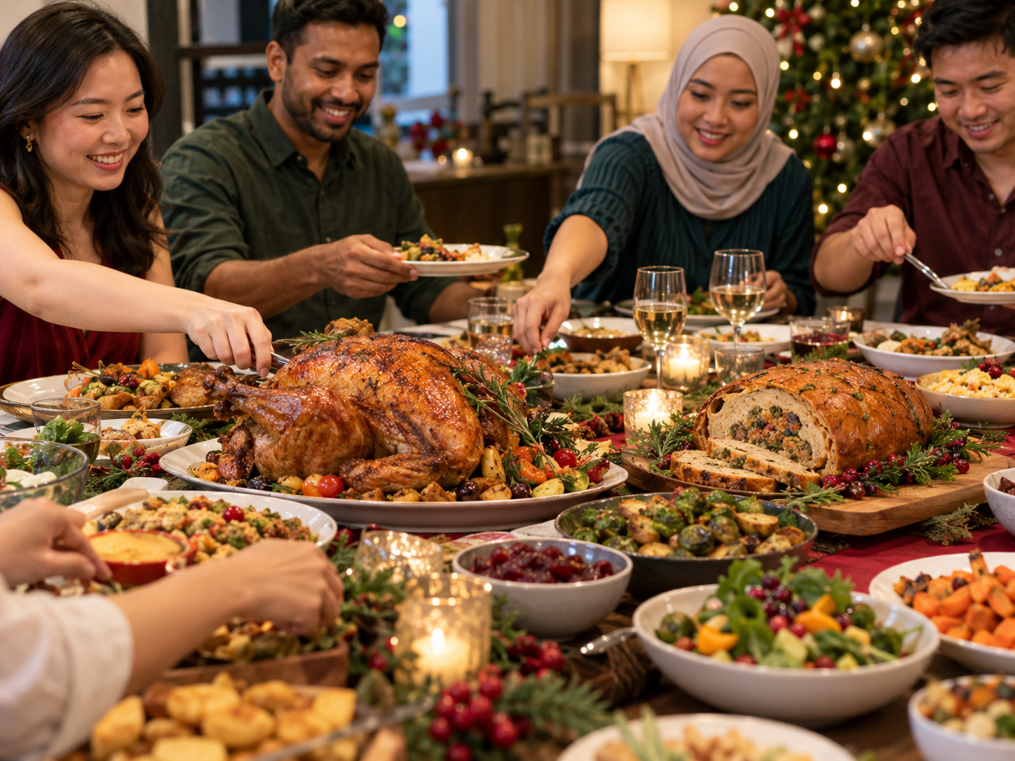 A generous Singapore festive dining table with roast and vegetable dishes shared among friends
